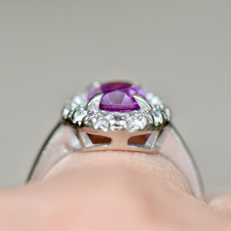 Vintage Synthetic Purple Sapphire & Diamond Halo Ring (1.83cts)