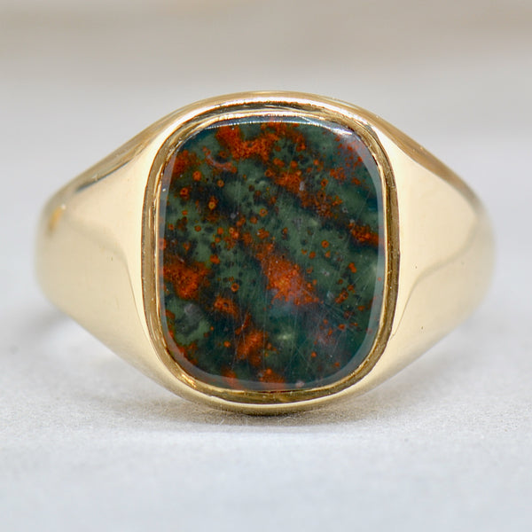 Vintage 1990s Bloodstone 9ct Yellow Gold Mens Rectangle Signet Ring