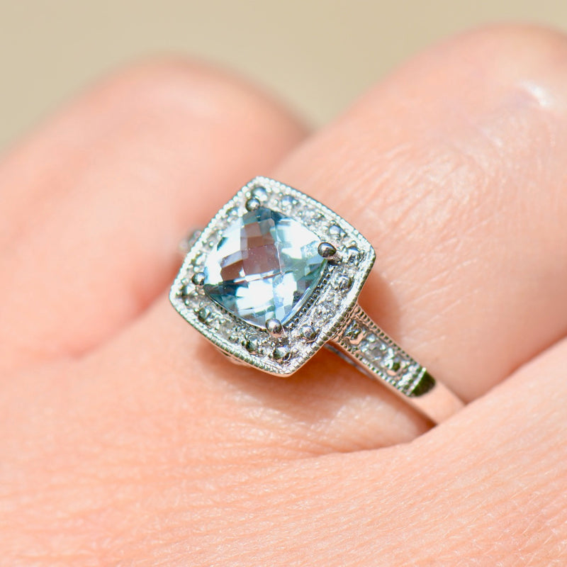 Aquamarine & Diamond 9ct White Gold Halo Ring (0.84ct)