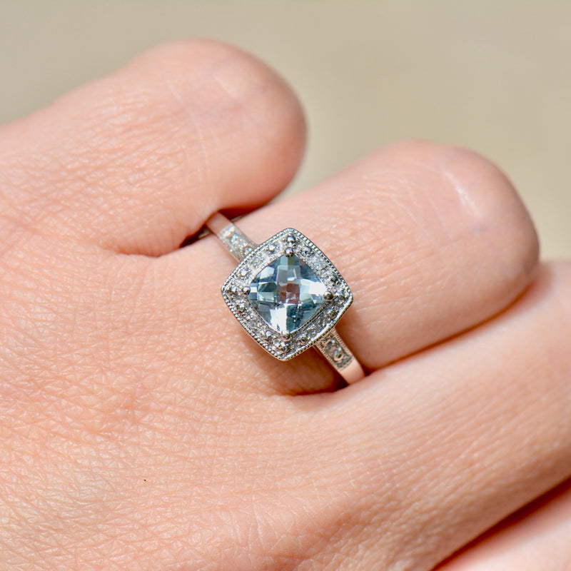 Aquamarine & Diamond 9ct White Gold Halo Ring (0.84ct)