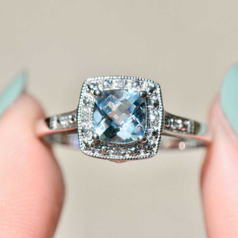 Aquamarine & Diamond 9ct White Gold Halo Ring (0.84ct)