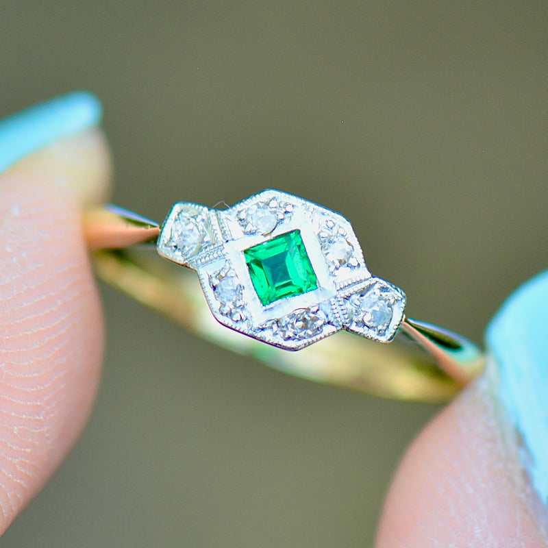 Art Deco 1930s Emerald and Diamond Platinum & 18ct Yellow Gold Engagement Ring