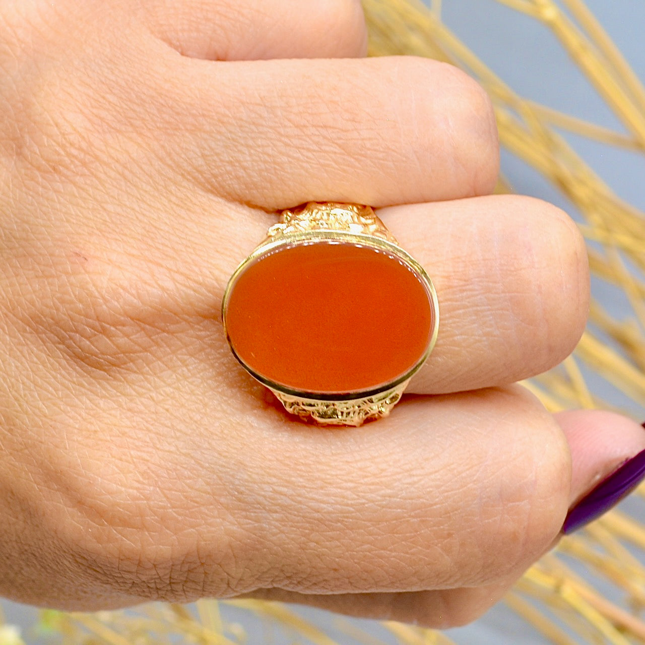 1970s Engraved Large Carnelian 9ct Yellow Gold Signet Ring