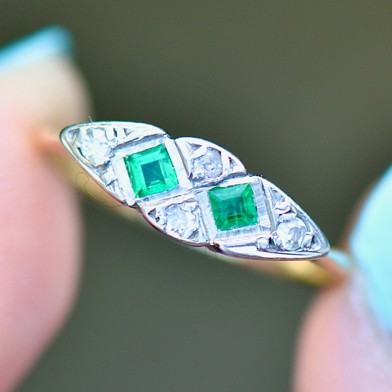 Art Deco 1930s Emerald and Diamond Platinum & 18ct Yellow Gold Engagement Ring