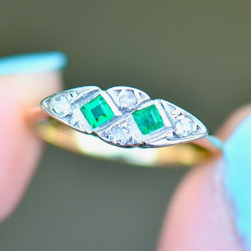 Art Deco 1930s Emerald and Diamond Platinum & 18ct Yellow Gold Engagement Ring