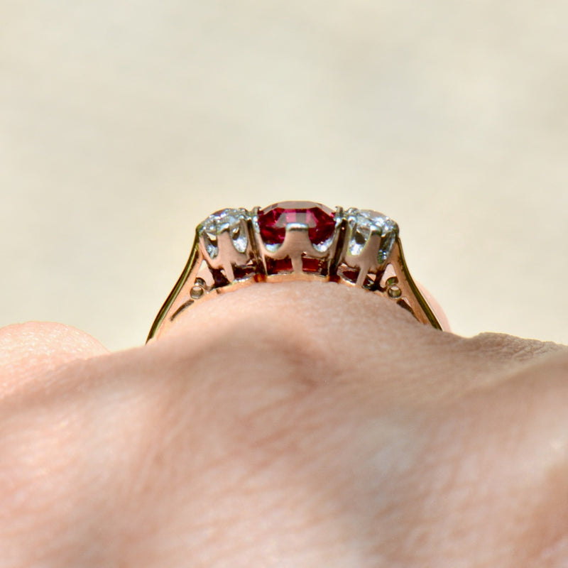 Vintage Unheated Ruby & Diamond 18CT Yellow Gold & Platinum Trilogy Engagement Ring (0.75ct)