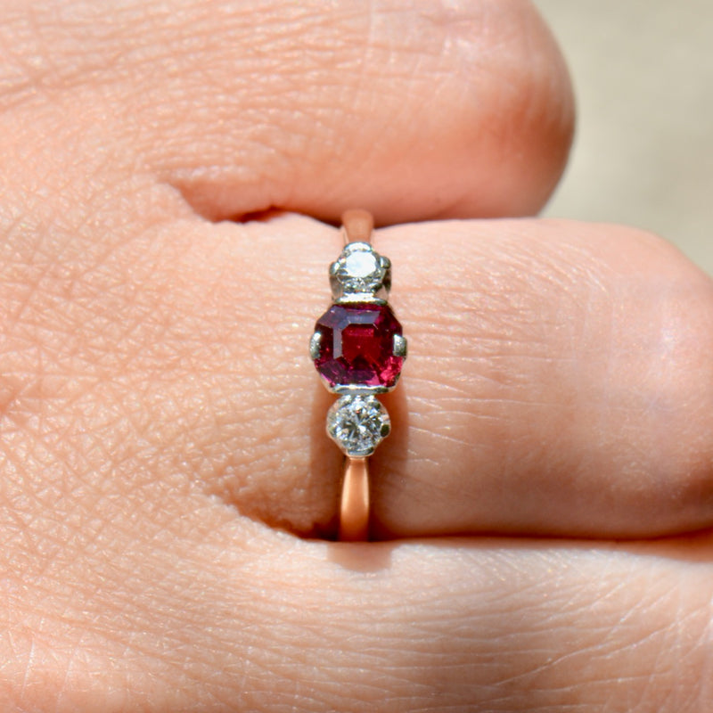 Vintage Unheated Ruby & Diamond 18CT Yellow Gold & Platinum Trilogy Engagement Ring (0.75ct)