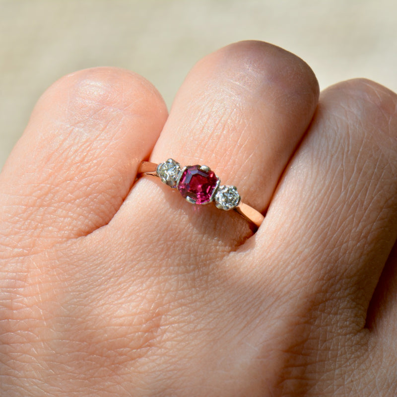 Vintage Unheated Ruby & Diamond 18CT Yellow Gold & Platinum Trilogy Engagement Ring (0.75ct)