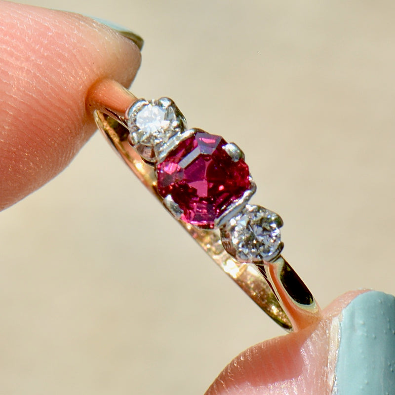 Vintage Unheated Ruby & Diamond 18CT Yellow Gold & Platinum Trilogy Engagement Ring (0.75ct)