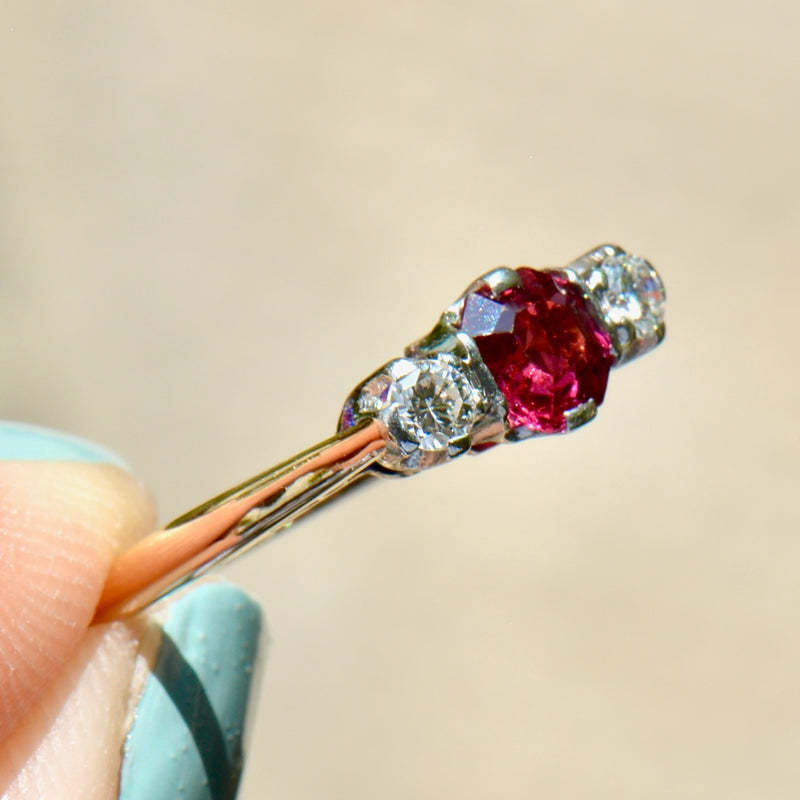 Vintage Unheated Ruby & Diamond 18CT Yellow Gold & Platinum Trilogy Engagement Ring (0.75ct)