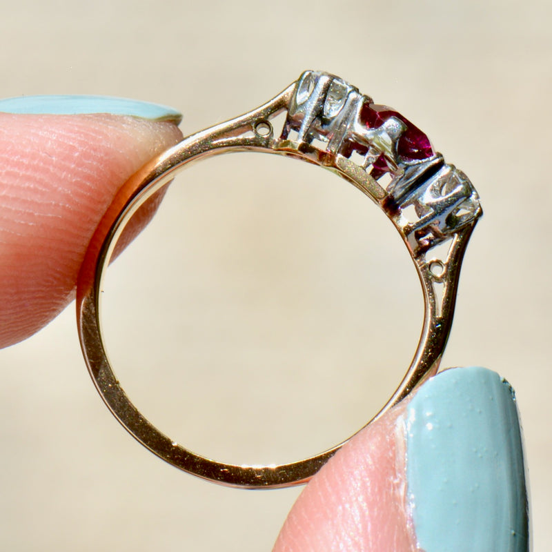 Vintage Unheated Ruby & Diamond 18CT Yellow Gold & Platinum Trilogy Engagement Ring (0.75ct)