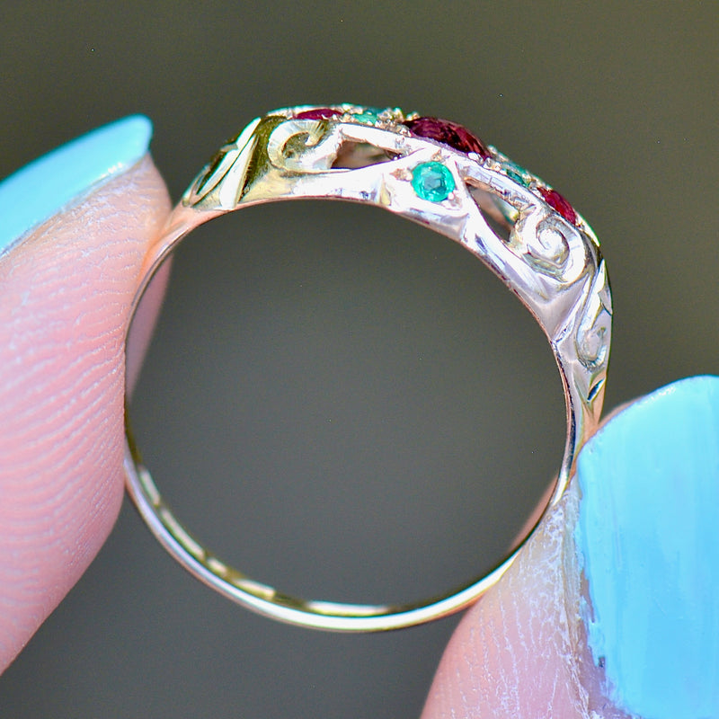 Antique 1915 9ct Rose Gold Ruby and Emerald Band