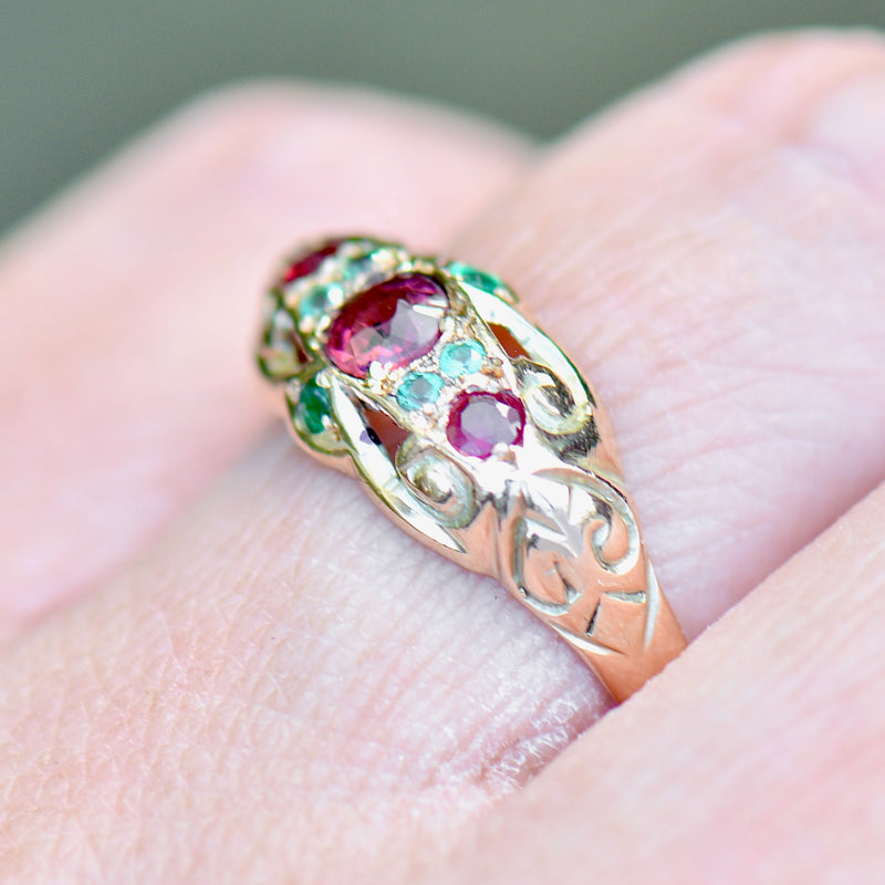 Antique 1915 9ct Rose Gold Ruby and Emerald Band