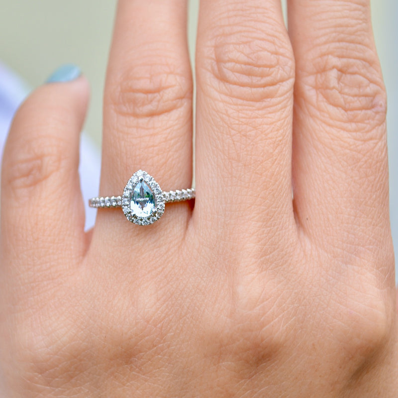 Beaverbrooks 18ct White Gold Aquamarine & Diamond Pear-Shaped Halo Ring