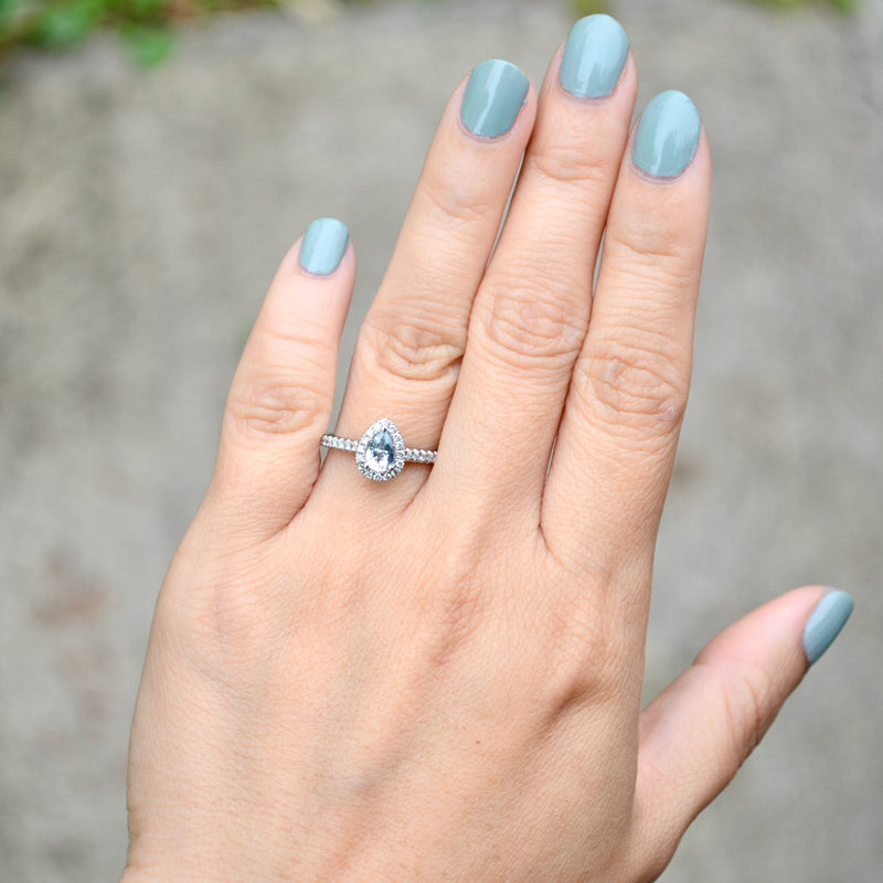 Beaverbrooks 18ct White Gold Aquamarine & Diamond Pear-Shaped Halo Ring