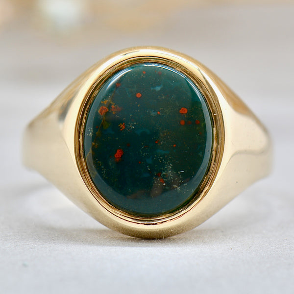 Vintage 1970s Bloodstone 9ct Yellow Gold Mens Oval Signet Ring