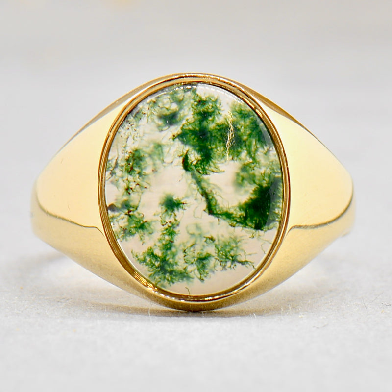 Vintage Moss Agate 9ct Yellow Gold Oval Signet Ring