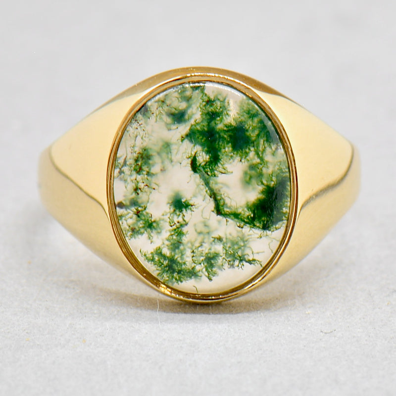 Vintage Moss Agate 9ct Yellow Gold Oval Signet Ring