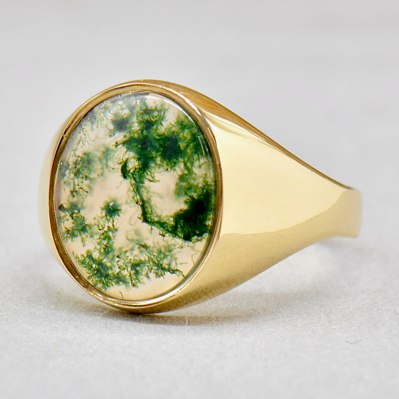 Vintage Moss Agate 9ct Yellow Gold Oval Signet Ring