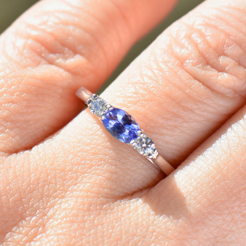 East-West Set Tanzanite and Diamond 18ct White Gold Trilogy Ring (0.59ct)