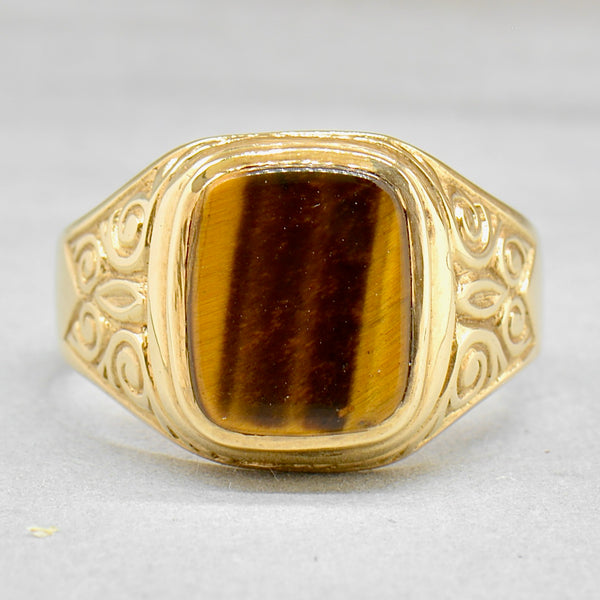 Vintage 1980s Tiger’s Eye 9ct Yellow Gold Mens Engraved Rectangle Signet Ring