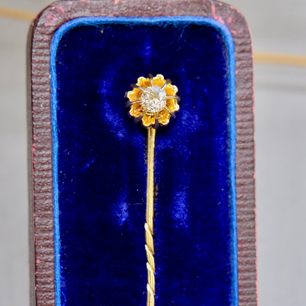 Victorian Old-mine Cut Diamond 14CT Yellow Gold Buttercup Design Stick Pin/Tie Pin/Brooch with Box