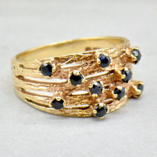 Vintage 9ct Yellow Gold Blue Sapphire Brutalist Ring