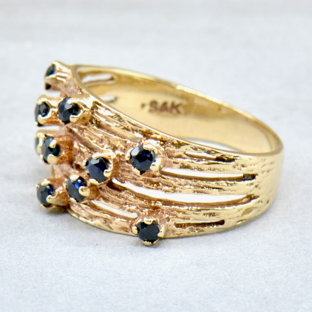 Vintage 9ct Yellow Gold Blue Sapphire Brutalist Ring