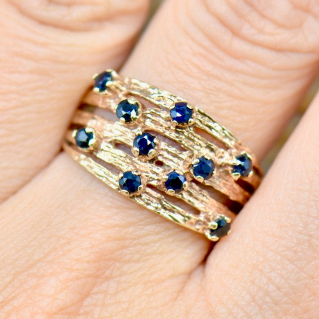 Vintage 9ct Yellow Gold Blue Sapphire Brutalist Ring