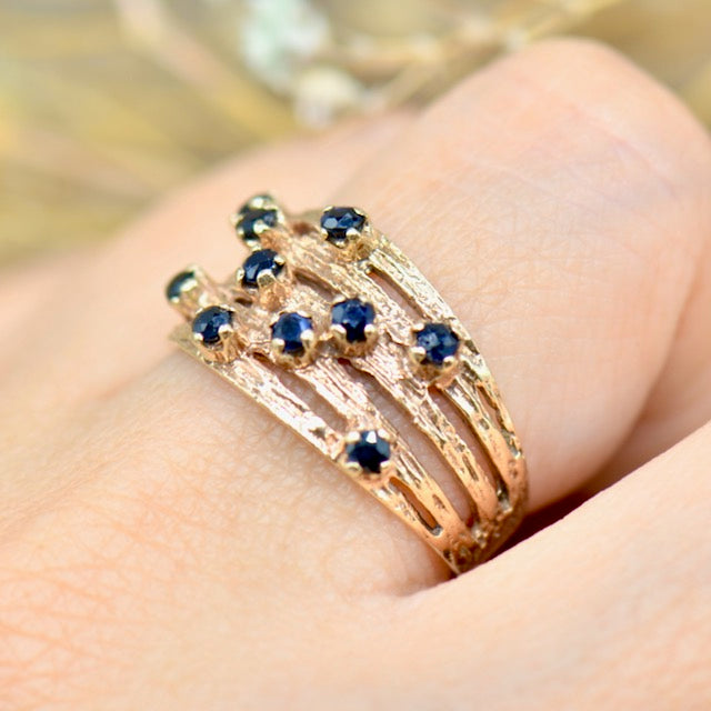 Vintage 9ct Yellow Gold Blue Sapphire Brutalist Ring