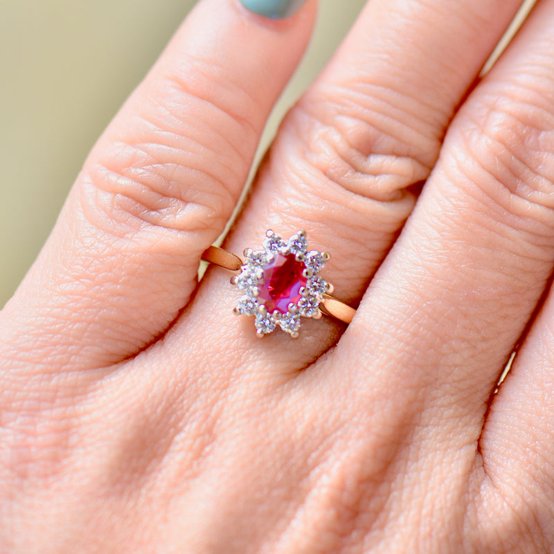 Vintage 2000s Ruby and Diamond 18ct Yellow Gold Halo Ring (0.89ct)