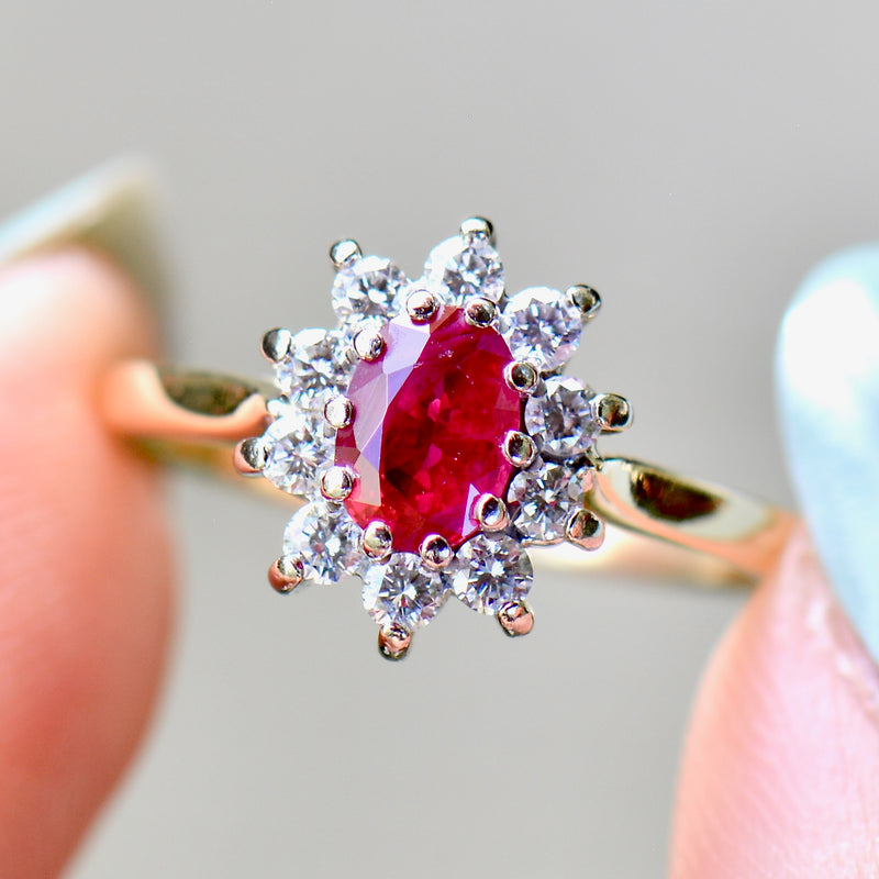 Vintage 2000s Ruby and Diamond 18ct Yellow Gold Halo Ring (0.89ct)