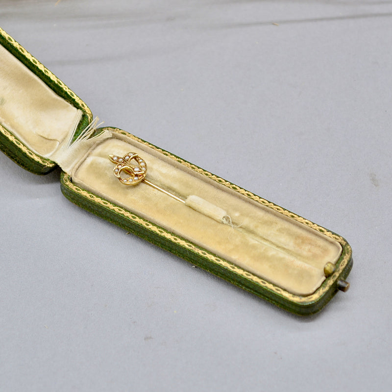 Antique French Fleur-de-lis Seed Pearl 14ct Yellow Gold Stick Pin With Box