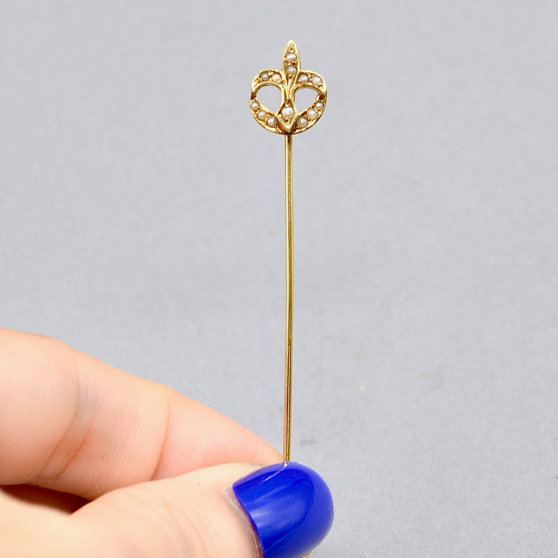 Antique French Fleur-de-lis Seed Pearl 14ct Yellow Gold Stick Pin With Box