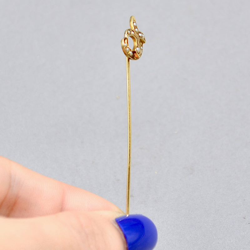 Antique French Fleur-de-lis Seed Pearl 14ct Yellow Gold Stick Pin With Box