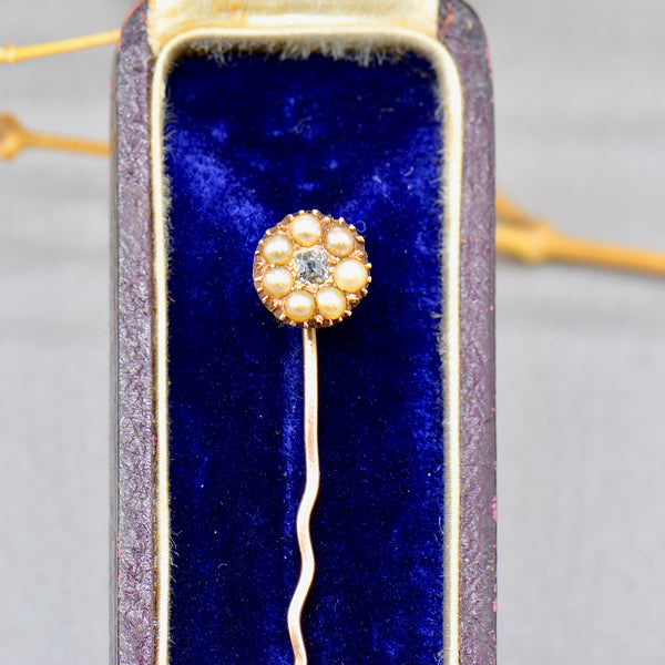 Victorian Seed Pearl & Old-Cut Light Blue Diamond 9ct Rose Gold Stick Pin With Box