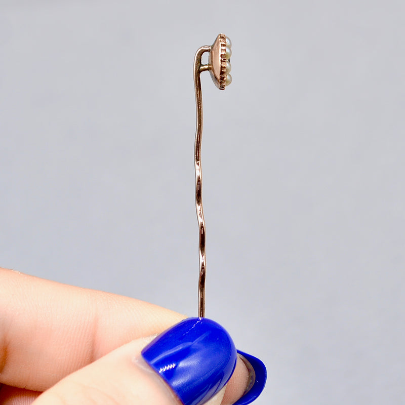 Victorian Seed Pearl & Old-Cut Light Blue Diamond 9ct Rose Gold Stick Pin With Box