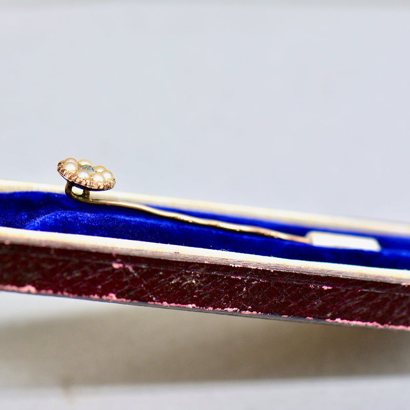 Victorian Seed Pearl & Old-Cut Light Blue Diamond 9ct Rose Gold Stick Pin With Box