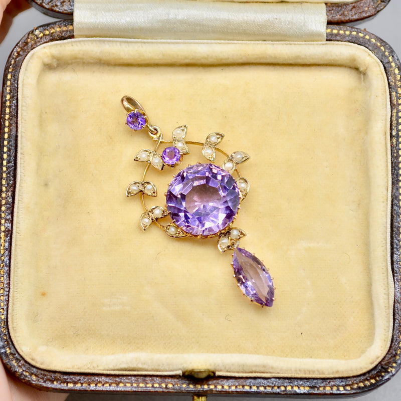 Antique Art Nouveau Amethyst and Seed Pearl 14ct Yellow Gold Lavalier Pendant (12.48ct)