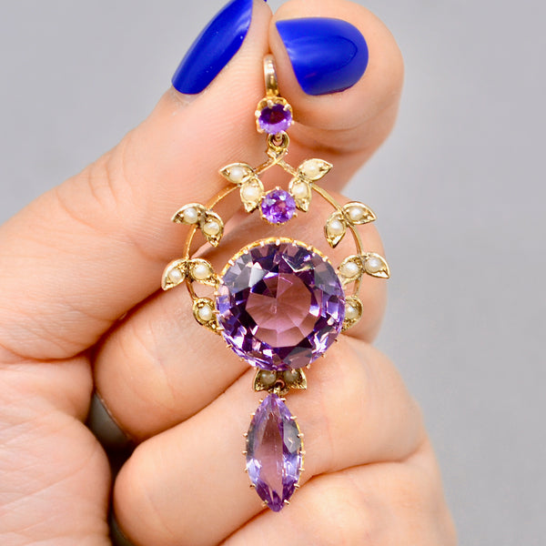 Antique Art Nouveau Amethyst and Seed Pearl 14ct Yellow Gold Lavalier Pendant (12.48ct)