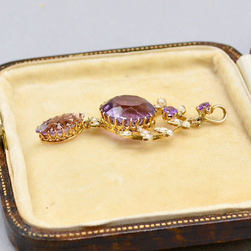 Antique Art Nouveau Amethyst and Seed Pearl 14ct Yellow Gold Lavalier Pendant (12.48ct)