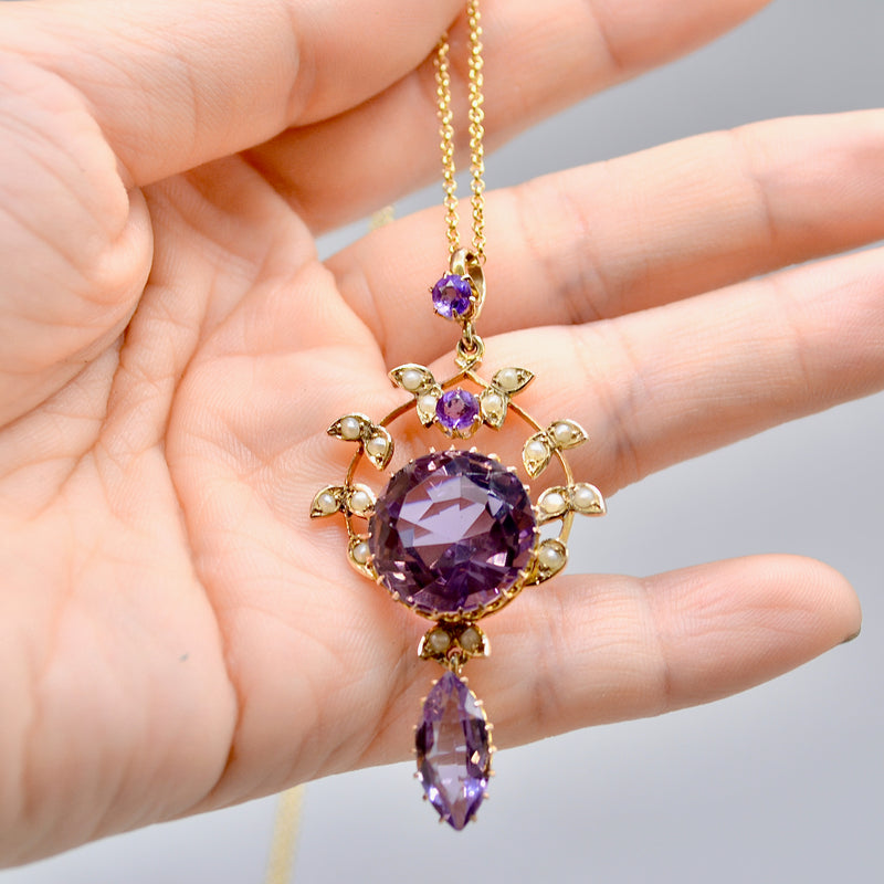 Antique Art Nouveau Amethyst and Seed Pearl 14ct Yellow Gold Lavalier Pendant (12.48ct)