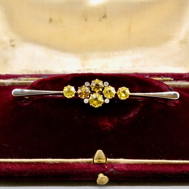 Edwardian Old European Cut Yellow Sapphire and Diamond 18ct Yellow Gold Brooch Boxed (3.09cts)