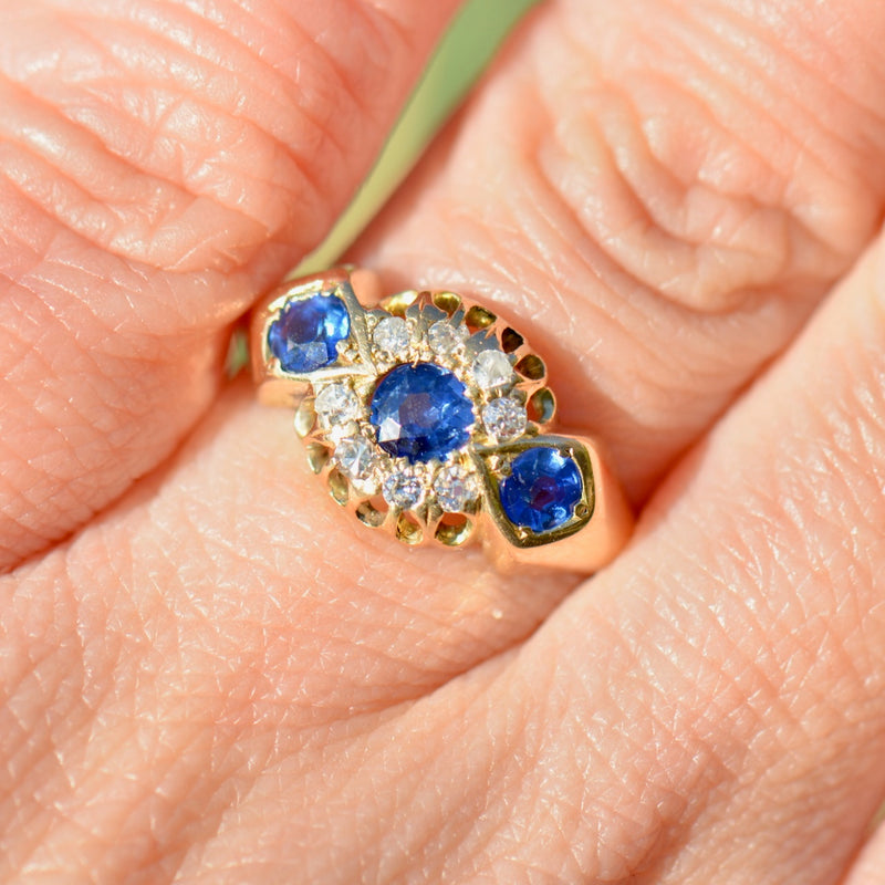 Edwardian 1912 Cornflower Blue Sapphire and Diamond Triple Cluster 18ct Yellow Gold Ring (0.75ct)