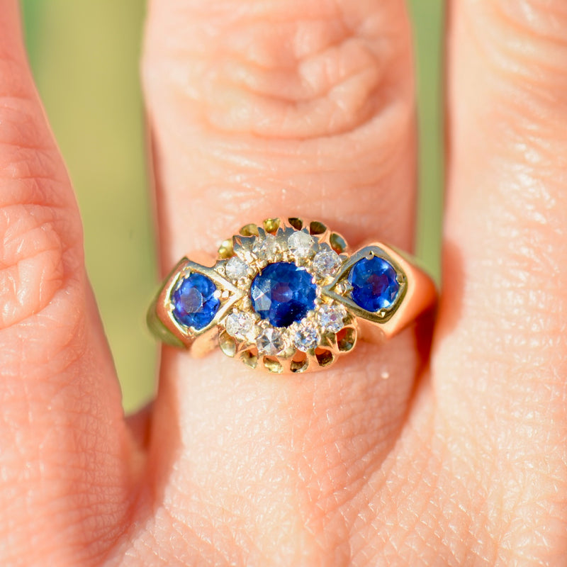 Edwardian 1912 Cornflower Blue Sapphire and Diamond Triple Cluster 18ct Yellow Gold Ring (0.75ct)