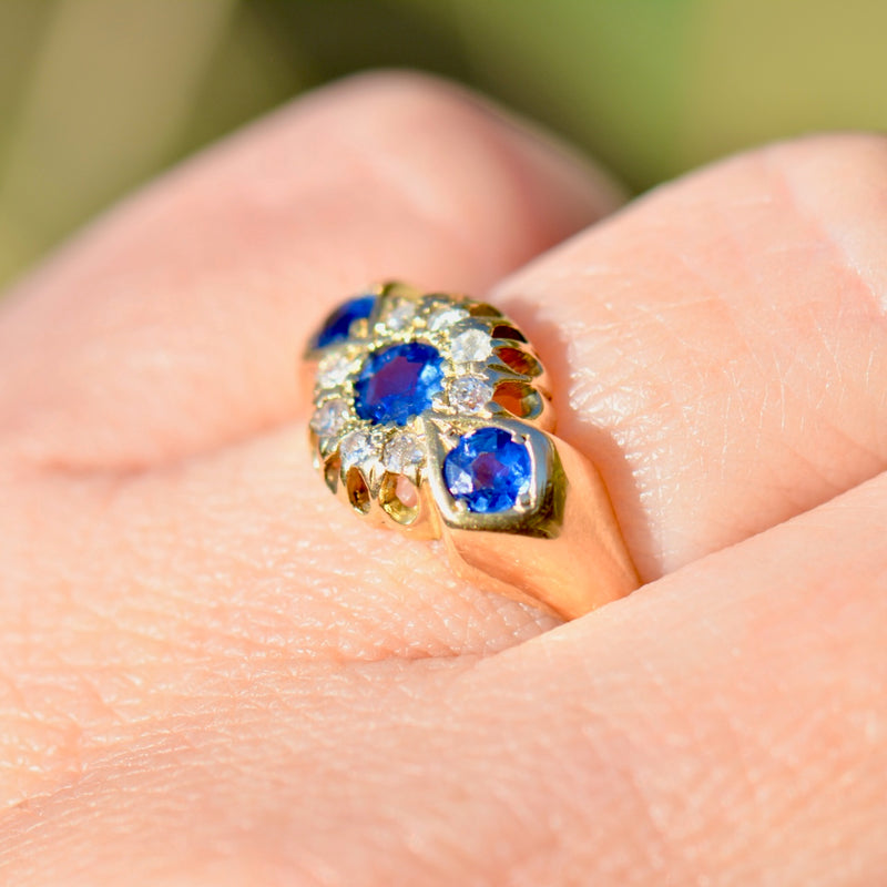 Edwardian 1912 Cornflower Blue Sapphire and Diamond Triple Cluster 18ct Yellow Gold Ring (0.75ct)