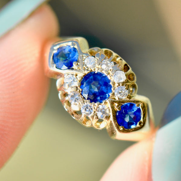 Edwardian 1912 Cornflower Blue Sapphire and Diamond Triple Cluster 18ct Yellow Gold Ring (0.75ct)