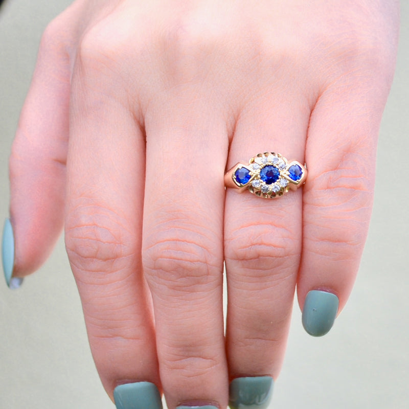 Edwardian 1912 Cornflower Blue Sapphire and Diamond Triple Cluster 18ct Yellow Gold Ring (0.75ct)