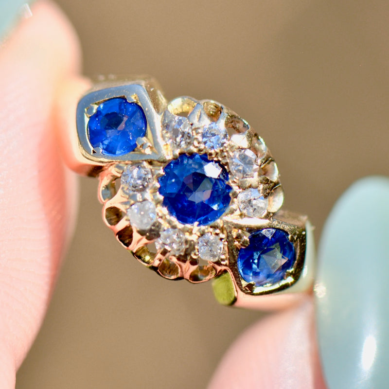 Edwardian 1912 Cornflower Blue Sapphire and Diamond Triple Cluster 18ct Yellow Gold Ring (0.75ct)