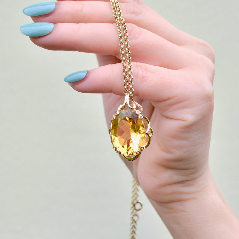 Vintage 2000s Large Citrine 9ct Yellow Gold Pendant & 9ct Yellow Gold Belcher Chain